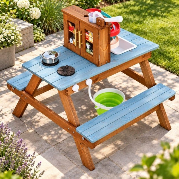Drewniana kuchnia błotna EcoToys dla dzieci 2w1 ze stołem piknikowym, ławkami, pompą wodną i zlewem (5905817013364) - obraz 11