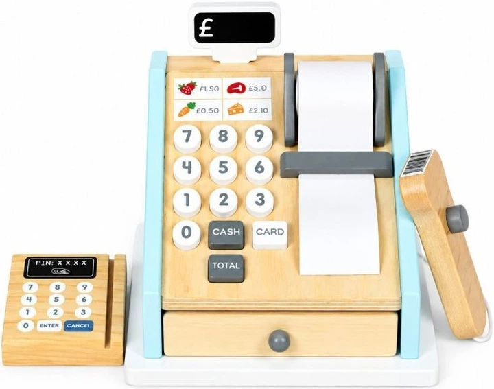 Drewniana kasa fiskalna dla dzieci EcoToys z terminalem, skanerem, banknotami, monetami i kartą (5905817013371) - obraz 3