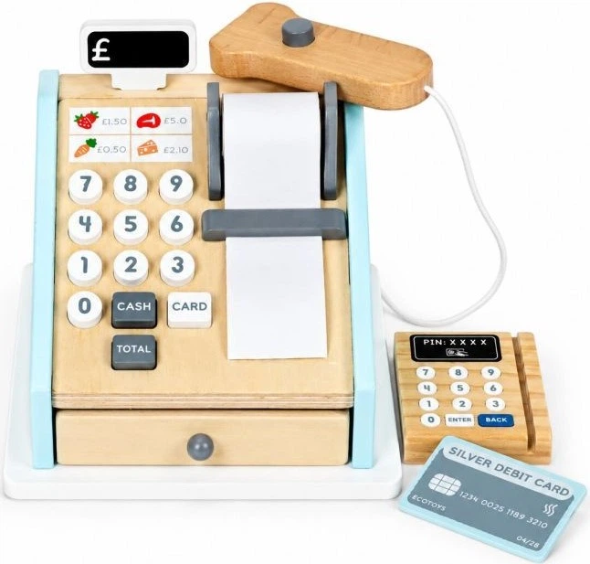 Drewniana kasa fiskalna dla dzieci EcoToys z terminalem, skanerem, banknotami, monetami i kartą (5905817013371) - obraz 5