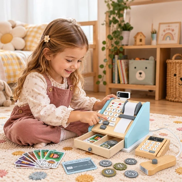 Drewniana kasa fiskalna dla dzieci EcoToys z terminalem, skanerem, banknotami, monetami i kartą (5905817013371) - obraz 9