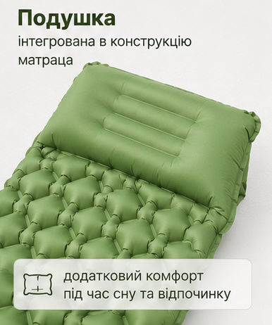 Надувний туристичний каремат зелений 185×60×6 см із вбудованим насосом і подушкою - зображення 2