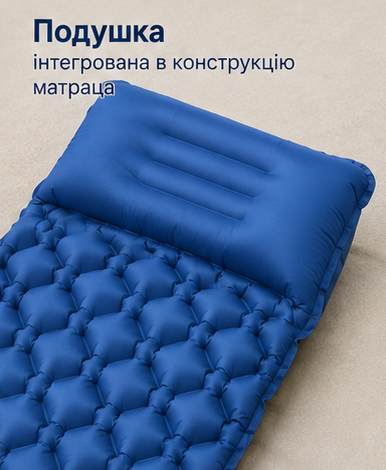 Надувний туристичний каремат синій 185×60×6 см із вбудованим насосом і подушкою - зображення 2