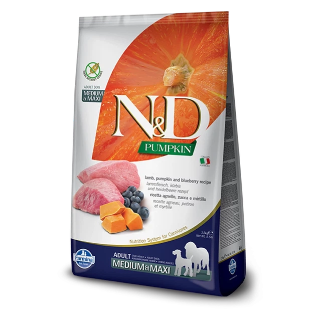 Сухой корм для собак средних и крупных пород Farmina N&D Pumpkin Grain Free Adult Medium&Maxi с ягненком и черникой 2,5 кг (8010276033284) - Фото 1 Сухой корм для собак средних и крупных пород Farmina N&D Pumpkin Grain Free Adult Medium&Maxi с ягненком и черникой 2,5 кг (8010276033284) - изображение 1