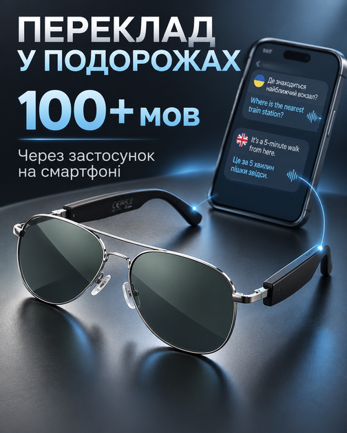 Смарт-окуляри Bluetooth з AI-перекладом і навушниками, сріблясті - зображення 2