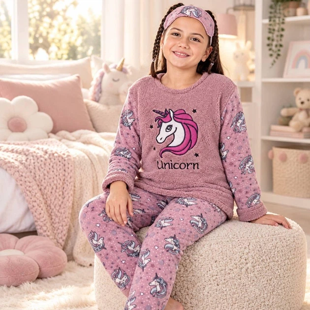 Пижама зимняя для девочки теплая полар флис Mini Moon р 122 см 7-8 лет арт 7006 Единорог Пудра - изображение 2
