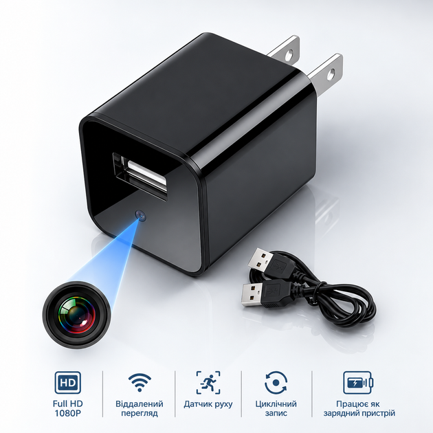 Wi-Fi камера видеонаблюдения в USB-зарядном устройстве Full HD 1080P, датчик движения, онлайн-просмотр, MicroSD - изображение 3