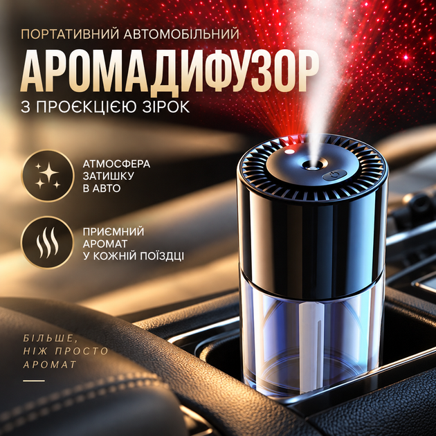 Портативный автомобильный аромадиффузор с проекцией звезд, 160 мл, стекло, три режима, аккумулятор 200 мАч - Фото 1 Портативный автомобильный аромадиффузор с проекцией звезд, 160 мл, стекло, три режима, аккумулятор 200 мАч - изображение 1