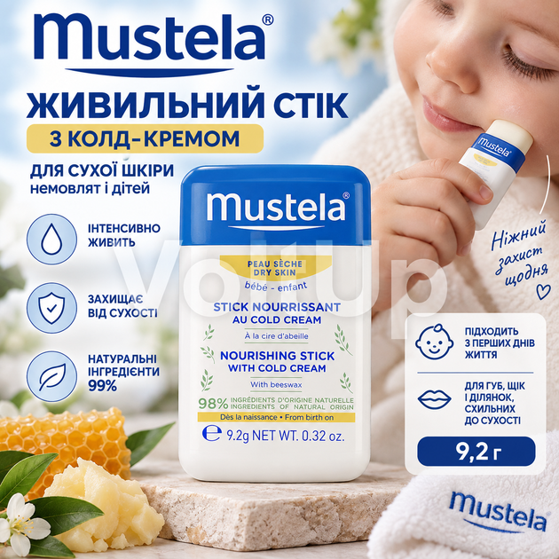 Питательный стик Mustela Hydra-Stick Cold Cream 9,2 г для сухой кожи губ щек и носа детей с пчелиным воском и маслом ши - изображение 2