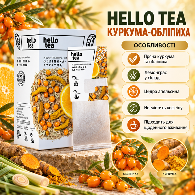 Чай травяной Hello Tea Куркума Облепиха 20 фильтр пакетов без кофеина с лемонграссом апельсиновой цедрой для ежедневного употребления - Фото 2 Чай травяной Hello Tea Куркума Облепиха 20 фильтр пакетов без кофеина с лемонграссом апельсиновой цедрой для ежедневного употребления - изображение 2
