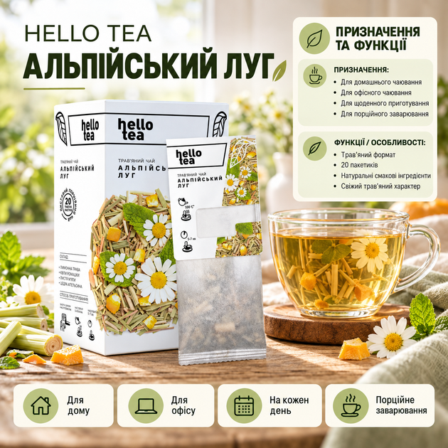 Чай трав'яний Hello Tea Альпійський луг 20 пакетиків дрібнолистовий з лимонною травою ромашкою м'ятою апельсиновою цедрою натуральний - зображення 4