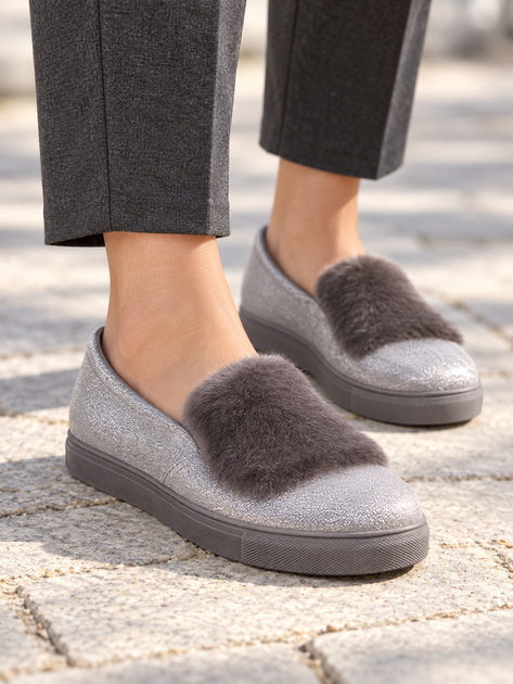 Слипоны женские серые с мехом Ok shoes 39 (XK0138) - Фото 4 Слипоны женские серые с мехом Ok shoes 39 (XK0138) - изображение 4