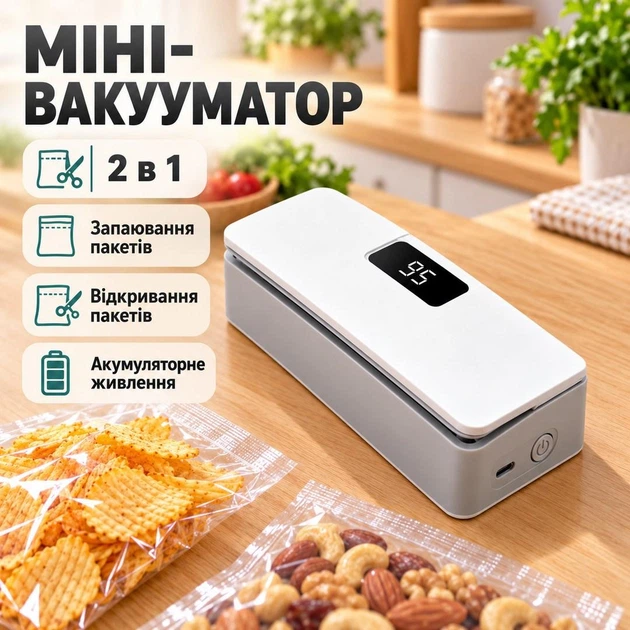 Вакуумный упаковщик портативный: запайка и разрезание пакетов, регулировка нагрева, 18 Вт, для чипсов, круп и специй - Фото 1 Вакуумный упаковщик портативный: запайка и разрезание пакетов, регулировка нагрева, 18 Вт, для чипсов, круп и специй - изображение 1