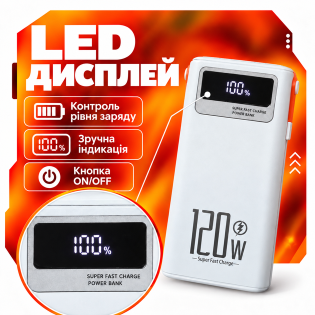 УМБ павербанк батарея powerbank 60000 mAh 120W Fast charge швидка зарядка з ліхтариком Kayfovo QR-26 - Фото 7 УМБ павербанк батарея powerbank 60000 mAh 120W Fast charge швидка зарядка з ліхтариком Kayfovo QR-26 - изображение 7