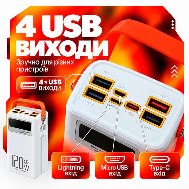 УМБ павербанк батарея powerbank 60000 mAh 120W Fast charge швидка зарядка з ліхтариком Kayfovo QR-26 - Фото 4 УМБ павербанк батарея powerbank 60000 mAh 120W Fast charge швидка зарядка з ліхтариком Kayfovo QR-26 - изображение 4