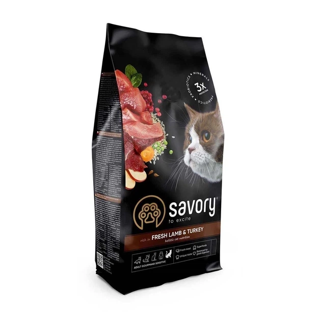 Сухий корм Savory Fresh Lamb & Turkey для кішок з чутливим травленням зі свіжим м'ясом ягняти і індички 8 кг - Фото 1 Сухий корм Savory Fresh Lamb & Turkey для кішок з чутливим травленням зі свіжим м'ясом ягняти і індички 8 кг - зображення 1