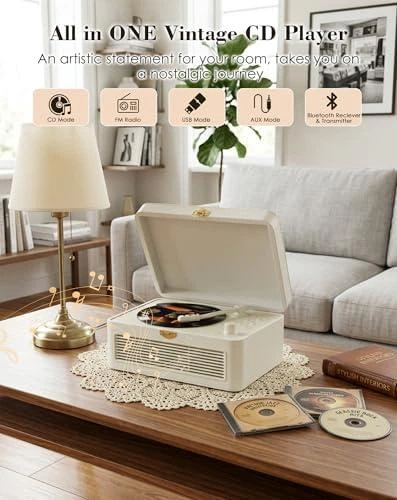 Портативний CD-плеєр KOVCDVI з Bluetooth, FM-радіо та USB, білий - зображення 2