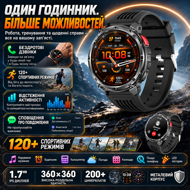 Мужские тактические смарт-часы 1,7″ с Bluetooth-звонками, компасом и LED-фонариком, 120+ спортивных режимов, 1100 мА·ч, IP68 - Фото 7 Мужские тактические смарт-часы 1,7″ с Bluetooth-звонками, компасом и LED-фонариком, 120+ спортивных режимов, 1100 мА·ч, IP68 - изображение 7