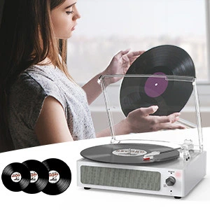 Виниловый проигрыватель со встроенными динамиками, Bluetooth, 3 скоростями, AUX, RCA и наушниками, ретро проигрыватель пластино белый - изображение 4