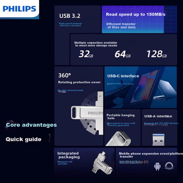 Флеш-накопичувач PHILIPS 64 ГБ типу C USB 3.2 з двома інтерфейсами для телефону, високошвидкісний USB-накопичувач 61UT-F з двома головками, сумісний з Android, Apple та ноутбуками - Фото 4 Флеш-накопичувач PHILIPS 64 ГБ типу C USB 3.2 з двома інтерфейсами для телефону, високошвидкісний USB-накопичувач 61UT-F з двома головками, сумісний з Android, Apple та ноутбуками - изображение 4