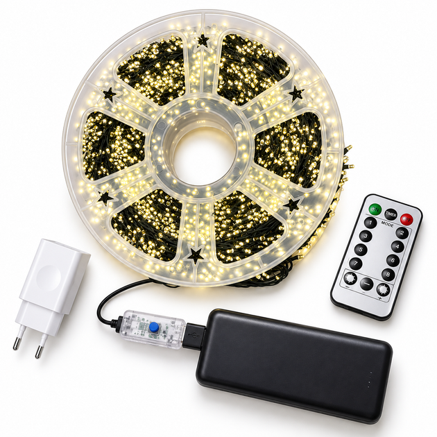 Гирлянда Мишура 100 м, 3000 LED, USB, тёплый белый свет, Хвойная лапа на зеленой проволоке, 8 режимов, пульт - изображение 2