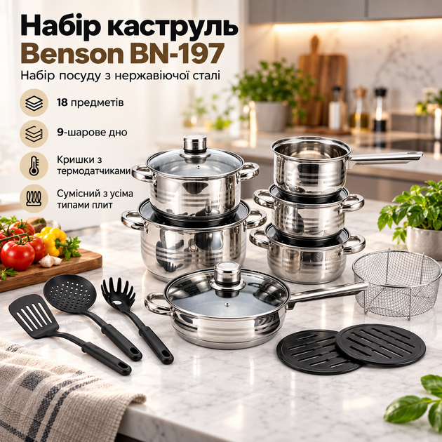 Набор кастрюль Benson BN-197 18 предметов со сковородой для индукционных и газовых плит - Фото 1 Набор кастрюль Benson BN-197 18 предметов со сковородой для индукционных и газовых плит - изображение 1