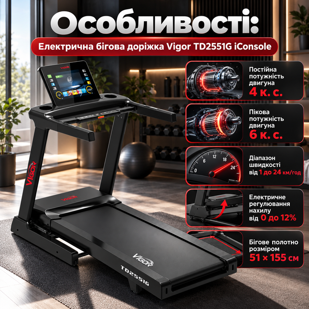 Электрическая беговая дорожка Vigor TD2551G iConsole, 4 л. с., до 24 км/ч, 15,6" TFT-дисплей, Bluetooth, 27 программ, до 150 кг - изображение 2