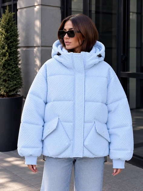 Куртка женская Lady Yep 8011 вафельная оверсайз с капюшоном и накладными карманами 44 голубая - изображение 5