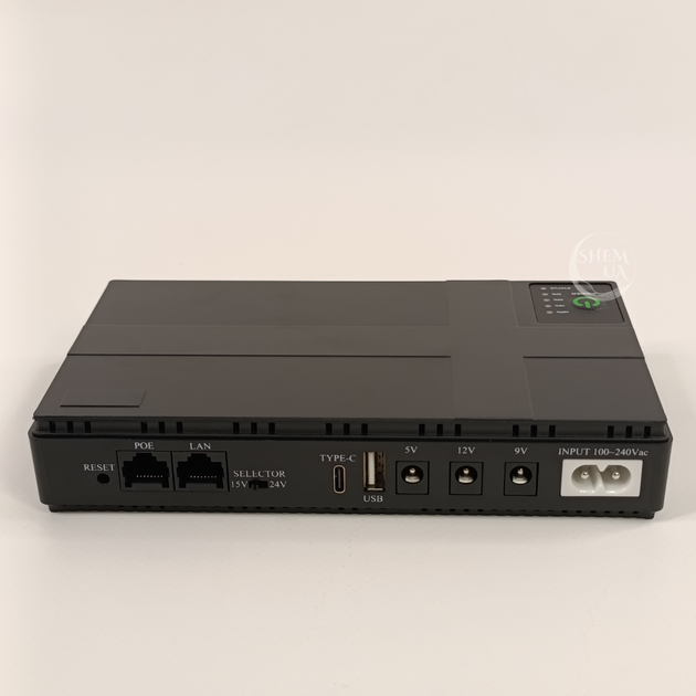 Источник бесперебойного питания питания Mini UPS 45 Вт для Wi-Fi-роутера, модема и IP-камер, с DC-выходами 5В/9В/12В, PoE 15В/24В, портами USB-A, Type-C и LAN, автоматическим переключением на аккумулятор и LED-индикацией, NET-45-Black - изображение 5
