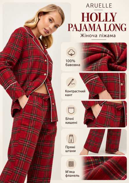 Женская пижама с брюками Aruelle Holly Pajama Long 100% хлопок, теплая фланелевая рубашка на пуговицах с кантом, длинные брюки L - изображение 2