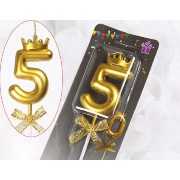 Свічка-цифра "5" з короною ЗОЛОТО - Фото 2 Свічка-цифра "5" з короною ЗОЛОТО - зображення 2