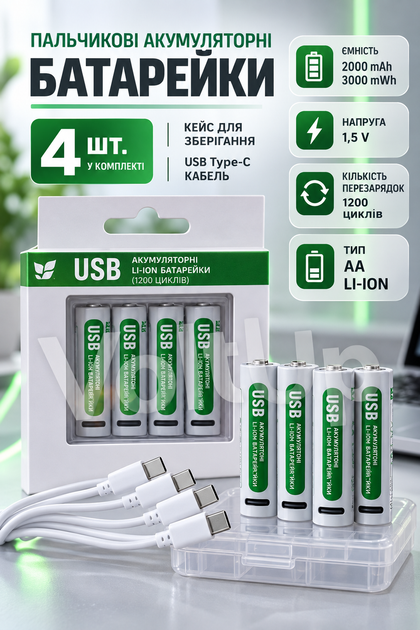 Аккумуляторные батарейки AA 4 шт • Li-Ion 2000 мАч / 3000 mWh, 1,5 В, USB Type-C, до 1000 циклов, кейс - Фото 2 Аккумуляторные батарейки AA 4 шт • Li-Ion 2000 мАч / 3000 mWh, 1,5 В, USB Type-C, до 1000 циклов, кейс - изображение 2