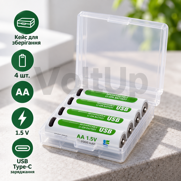 Аккумуляторные батарейки AA 4 шт • Li-Ion 2000 мАч / 3000 mWh, 1,5 В, USB Type-C, до 1000 циклов, кейс - Фото 3 Аккумуляторные батарейки AA 4 шт • Li-Ion 2000 мАч / 3000 mWh, 1,5 В, USB Type-C, до 1000 циклов, кейс - изображение 3