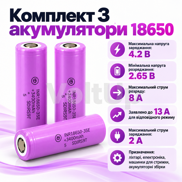 Аккумуляторы Samsung INR18650-35E 3400 mAh Li-ion 3.7 В 8A 18650 без защиты - комплект 3 шт 2026 год - изображение 3
