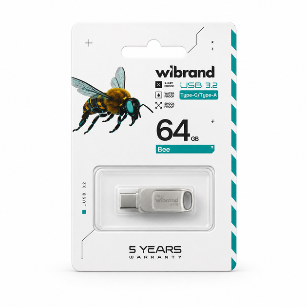 Флеш память флешка Wibrand USB 3.2 Gen1 Bee 64GB USB Type-A/USB Type-C Silver (WI3.2TC/BE64TC039S) - изображение 4