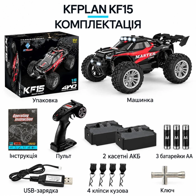 Радиоуправляемый монстр-трак KFPLAN KF15 1:16 4WD, 2 аккумулятора, чёрный с красным + батарейки в подарок - изображение 10