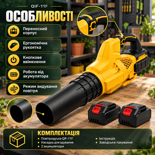 Акумуляторна садова повітродувка QIF-11F з 2 акумуляторами бездротова ручна повітродувка для прибирання листя снігу пилу трави та дрібного сміття - зображення 2