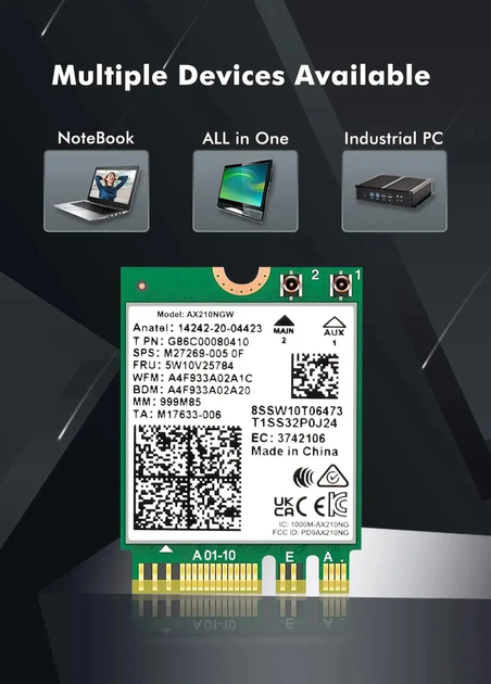 Бездротовий адаптер Intel Wi-Fi 6E + Bluetooth 5.3 Intel AX210NGW (M.2 NGFF) - зображення 6