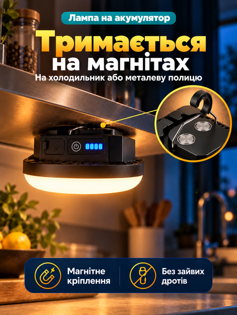 Фонарь аккумуляторный светодиодный LED светильник на аккумуляторе туристический портативный магнитный подвесной фонарик лампа - изображение 2