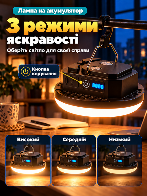 Фонарь аккумуляторный светодиодный LED светильник на аккумуляторе туристический портативный магнитный подвесной фонарик лампа - изображение 4