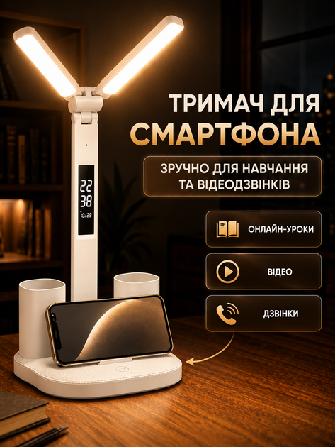 LED лампа настольная аккумуляторная складная светильник для учебы чтения работы школьника офиса дома детской с 2 поворотными плафонами сенсорным управлением регулировкой яркости 3 режимами света 3000 6500 K USB зарядкой держателем телефона 5 Вт белая - изображение 6