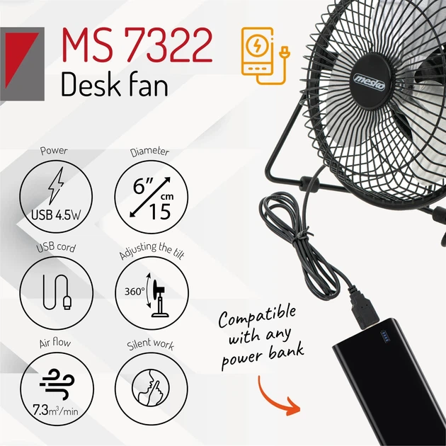 Вентилятор настольный Mesko MS 7322 4.5 Вт, USB, 15 см, черный - изображение 11