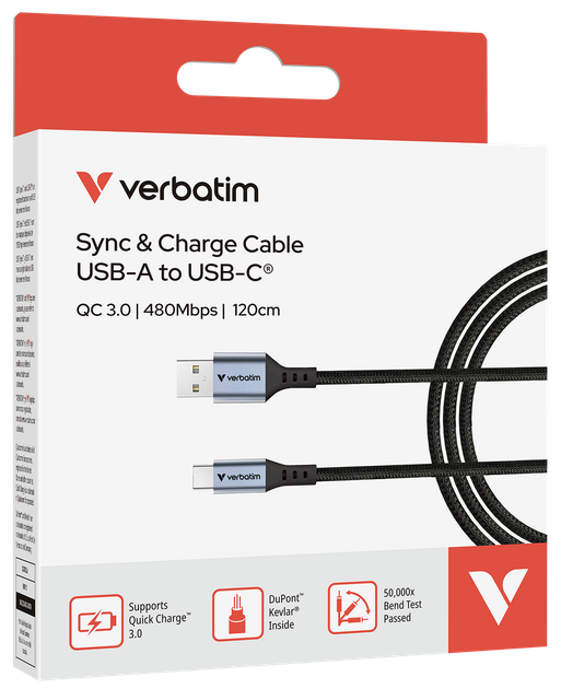 Кабель живлення та синхронізації Verbatim 31843 USB-A–USB-C 120 см Чорний (23942318439) - зображення 4