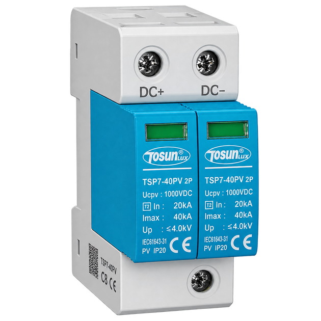 Ограничитель импульсного перенапряжения TOSUNlux TSP7-40PV, 2P, 20–40 кА, 1000 В DC, для солнечных электростанций - Фото 1 Ограничитель импульсного перенапряжения TOSUNlux TSP7-40PV, 2P, 20–40 кА, 1000 В DC, для солнечных электростанций - изображение 1