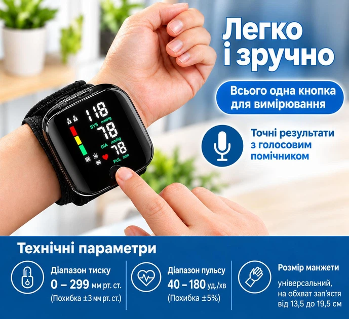 Тонометр автоматичний акумуляторний на зап’ястя електронний для вимірювання артеріального тиску та пульсу з USB-кабелем чорний з голосовим помічником - изображение 4