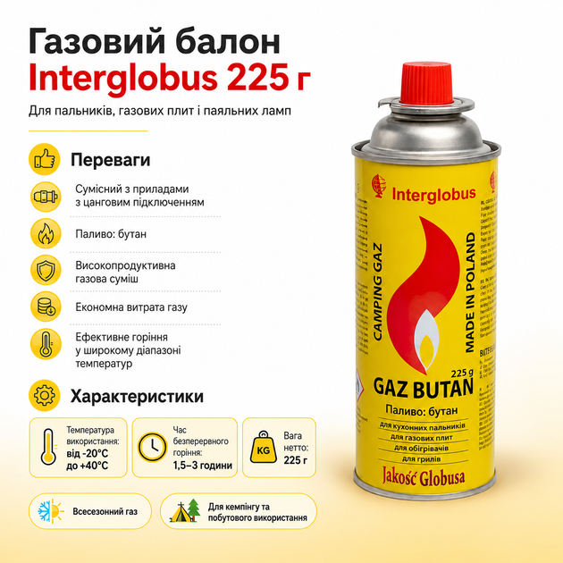 Газовий балон універсальний Interglobus бутан 225g - Фото 2 Газовий балон універсальний Interglobus бутан 225g - зображення 2