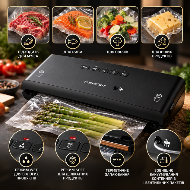 Вакуумний пакувальник SilverCrest SV 130 A1 130 Вт для продуктів Вакууматор із режимами Wet і Soft та запаюванням - зображення 2