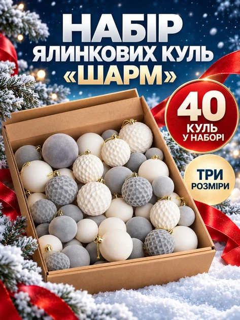 Набор новогодних бархатных елочных шаров Шарм 40 шт. диаметром 6, 8 и 10 см, пластиковые игрушки с велюровым покрытием для украшения елки, серые (77941562) - изображение 2