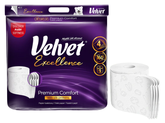 Papier toaletowy Velvet Excellence Silk Proteins 4 warstwy 9 rolek (5901478008732) - Zdjęcie 1 Papier toaletowy Velvet Excellence Silk Proteins 4 warstwy 9 rolek (5901478008732) - obraz 1