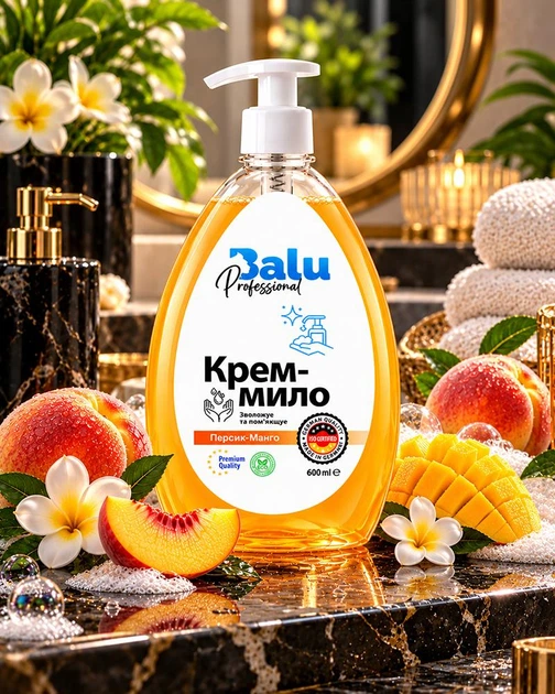 Жидкое крем-мыло BALU Professional Персик и манго для увлажнения и смягчения кожи с дозатором 600 мл (4820159428007) - Фото 5 Жидкое крем-мыло BALU Professional Персик и манго для увлажнения и смягчения кожи с дозатором 600 мл (4820159428007) - изображение 5
