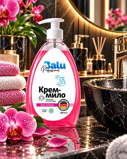 Жидкое крем-мыло BALU Professional Дикая орхидея для увлажнения и смягчения кожи с дозатором 600 мл (4820159427994) - Фото 5 Жидкое крем-мыло BALU Professional Дикая орхидея для увлажнения и смягчения кожи с дозатором 600 мл (4820159427994) - изображение 5